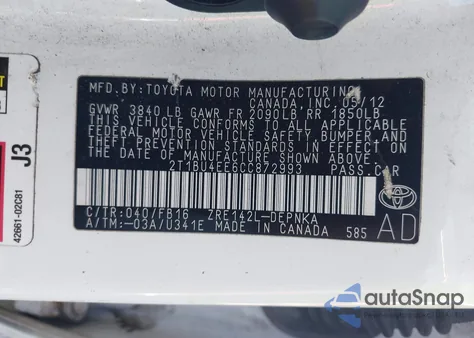 2012 Toyota Corolla S/Le from USA, damaged, VIN 2T1BU4EE6CC872993